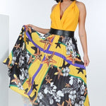 Pleated Print Maxi Skirt With Leather Waist Band