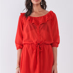 Flame Red Boat Neck Ruffle Collar Midi Sleeve Self-tie Waist Front Button Down Mini Dress