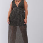 Plus Black & Gold V-neck Sleeveless Pleated Fabric Maxi Dress