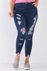 Plus Size Denim Mid-rise Raw Hem Detail Ripped Skinny Jean Pants