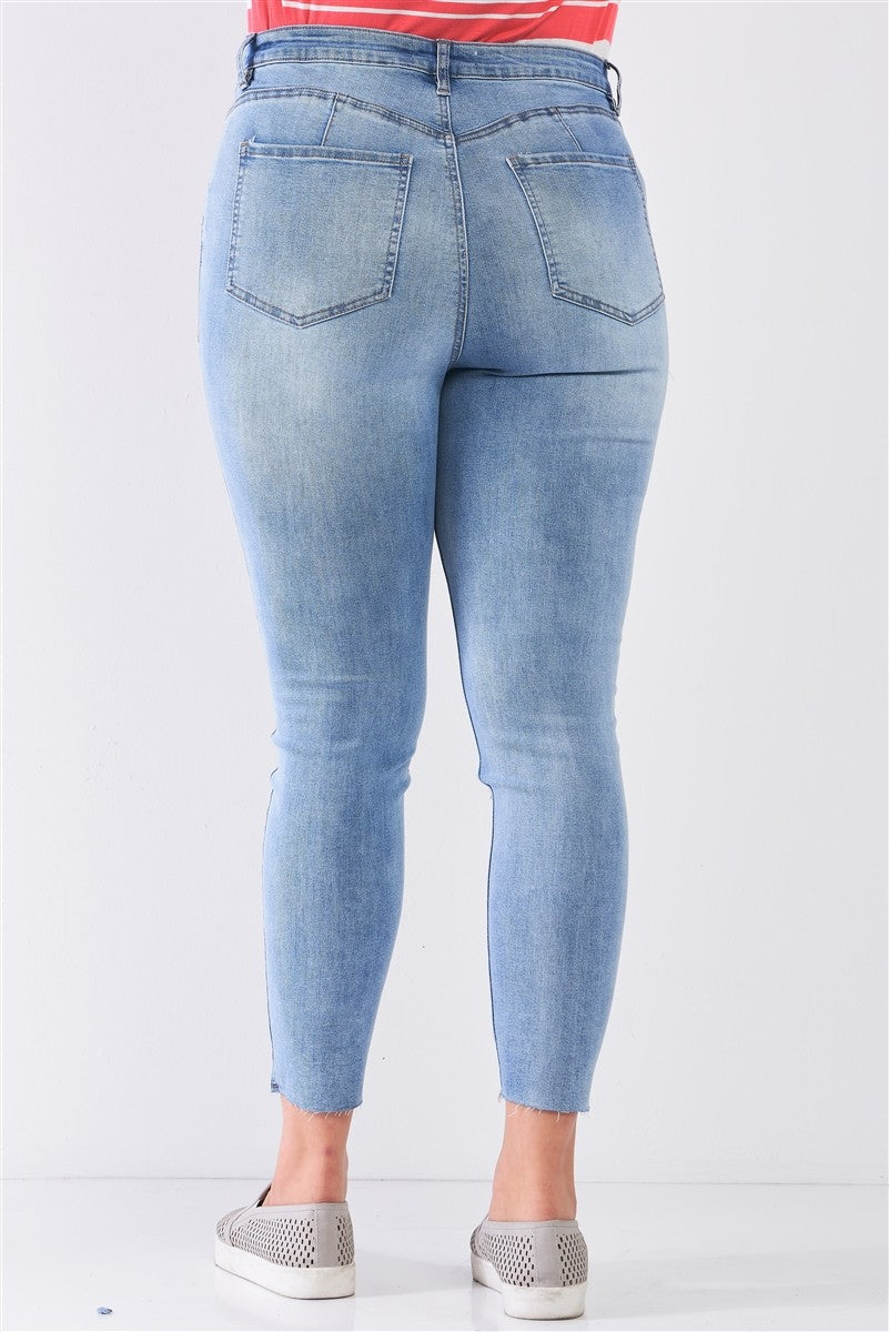 Plus Size Denim Mid-rise Raw Hem Detail Ripped Skinny Jean Pants