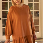 Plus Camel Round Neck Long Sleeve Drop Waist Sweatshirt Mini Dress