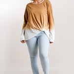 Ombre Print Long Sleeve Top With Gathered Front Detail And Raw Hem