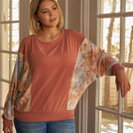 Plus Size Coral Tie-dye Long Sleeve Relaxed Round Neck Top