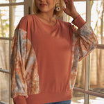 Plus Size Coral Tie-dye Long Sleeve Relaxed Round Neck Top