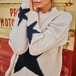 Distressed Round Neck Long Sleeve Star Print Loose Fit Sweater