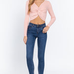 V-neck Front Knotted Crop Sweater