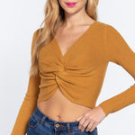 V-neck Front Knotted Crop Sweater