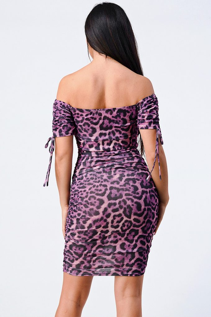 Leopard Print Off Shoulder Shirring Bodycon Dress