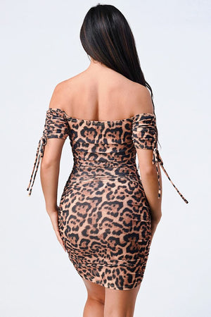 Leopard Print Off Shoulder Shirring Bodycon Dress
