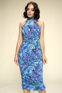 Multi-color Marble Print Midi Dress, Ruched, Small Slit