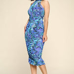 Multi-color Marble Print Midi Dress, Ruched, Small Slit