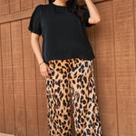 Plus Taupe Combo Leopard Print Satin High-waisted Wide Leg Pants