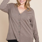 Plus Size Solid Buttery Soft V Neck Button Up High Quality Two Tone Knit Cardigan