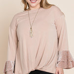 Plus Size Two Tier Velvet Animal Mesh Sleeves Solid Knit Top