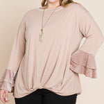 Plus Size Two Tier Velvet Animal Mesh Sleeves Solid Knit Top