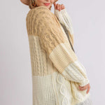 Patchwork Knitted Open Front Cardigan Sweater With Frayed Hem