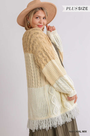 Patchwork Knitted Open Front Cardigan Sweater With Frayed Hem