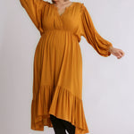 Split Neck Button Front Dolman Sleeve High Low Dress