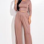 Solid 3/4 Sleeve Top And Wide Leg Pleated Pants Two Piece Set