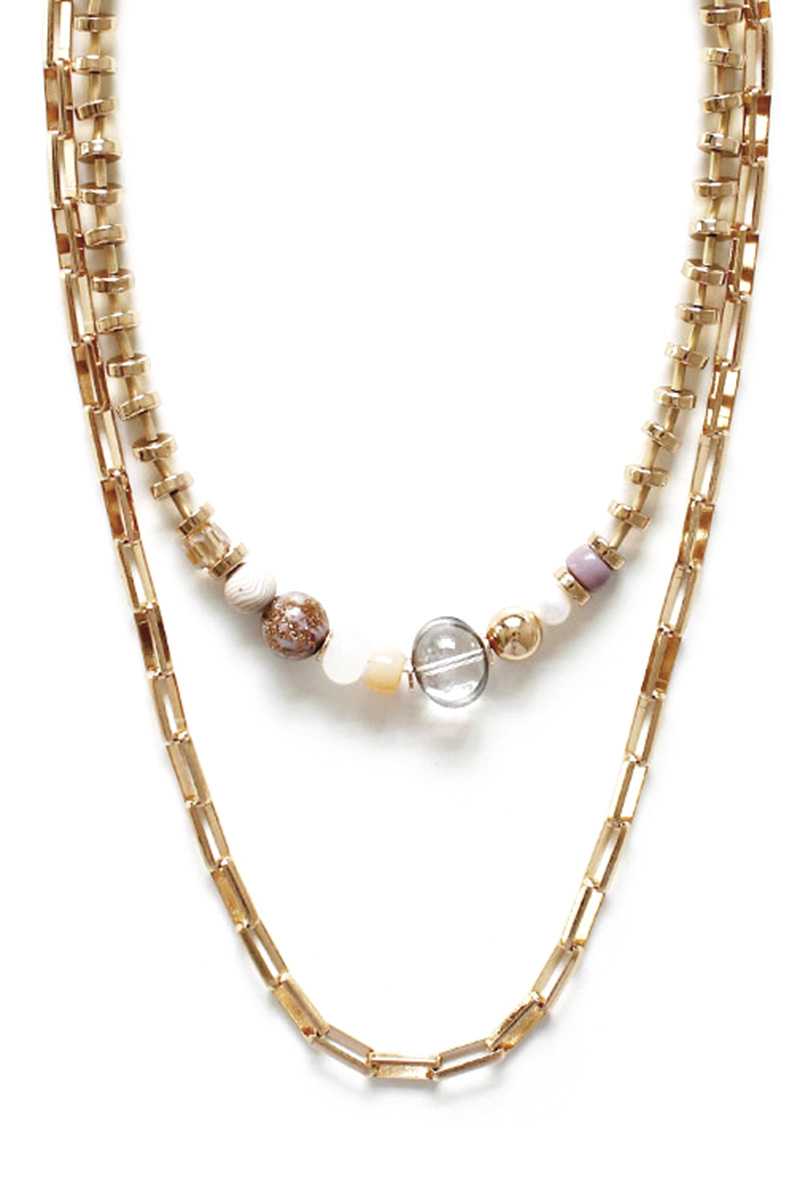 Metal Chain 2 Layered Multi Bead Necklace