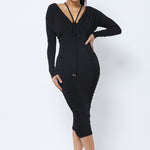 Long Sleeve Midi Dress With Low V Neck Front And Back With Ruching On Sides And Chest
