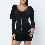 Soft Velvet Pleated Puff Sleeve Low V Neck Front And Back Mini Dress