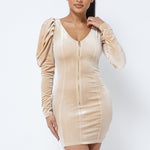 Soft Velvet Pleated Puff Sleeve Low V Neck Front And Back Mini Dress