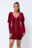 Soft Velvet Pleated Puff Sleeve Low V Neck Front And Back Mini Dress