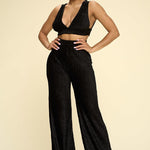 Crushed Velvet Plunging Neck Tank Top And High Waist Palazzo Pants Set