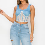 Floral Lace And Denim Crop Top