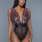 1 Pc. Cut-out Lace Bottoms With Raspberry-pink Sequins Plunging Sheer Neckline