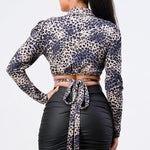 Sexy Animal Print Collared Back-tie Wrap Top