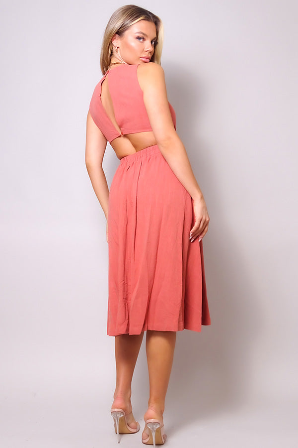 Sleeveless Back Cutout Linen Midi Dress