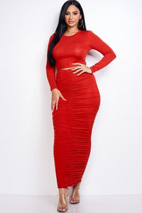 Red Heavy Rayon Spandex Long Sleeve Cropped Top And Ruched Maxi Skirt Two Piece Set