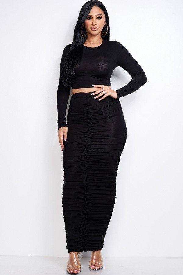 Black Heavy Rayon Spandex Long Sleeve Cropped Top And Ruched Maxi Skirt Two Piece Set
