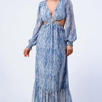 Printed V Neck Self Belted Side Cut Out Ruffled Maxi Dress