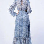 Printed V Neck Self Belted Side Cut Out Ruffled Maxi Dress