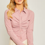 Woven Solid Ruched Front Long Sleeve