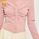 Woven Solid Ruched Front Long Sleeve