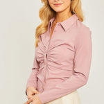 Woven Solid Ruched Front Long Sleeve