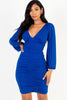 Ruched mesh long sleeve v-neck mini dress