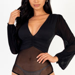 Mesh long sleeve deep v-neck bodysuit