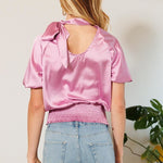 Waist Smocked Solid Satin Blouse