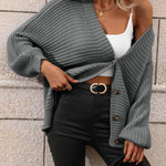 Button Down Horizontal-Ribbing Longline Cardigan