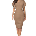 Notched Neck Flutter Sleeve Pencil Dress