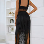 Spliced Mesh Fringe Hem Sleeveless Dress