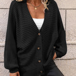 Button Down Horizontal-Ribbing Longline Cardigan