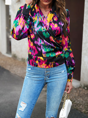 Printed Surplice Neck Long Sleeve Blouse