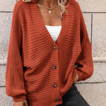 Button Down Horizontal-Ribbing Longline Cardigan